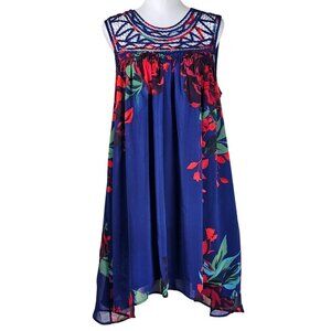 Patterson J. Kincaid Floral Trapeze Dress L Flowy Lace Round Neck Asymmetrical